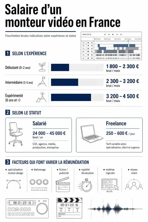 Salaire monteur video en France : infographie des fourchettes de rémunération selon l’expérience et le statut