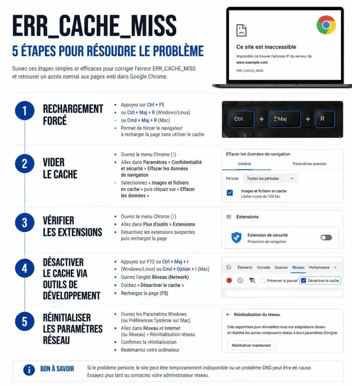 Infographie des étapes pour résoudre l'erreur ERR_CACHE_MISS dans Google Chrome