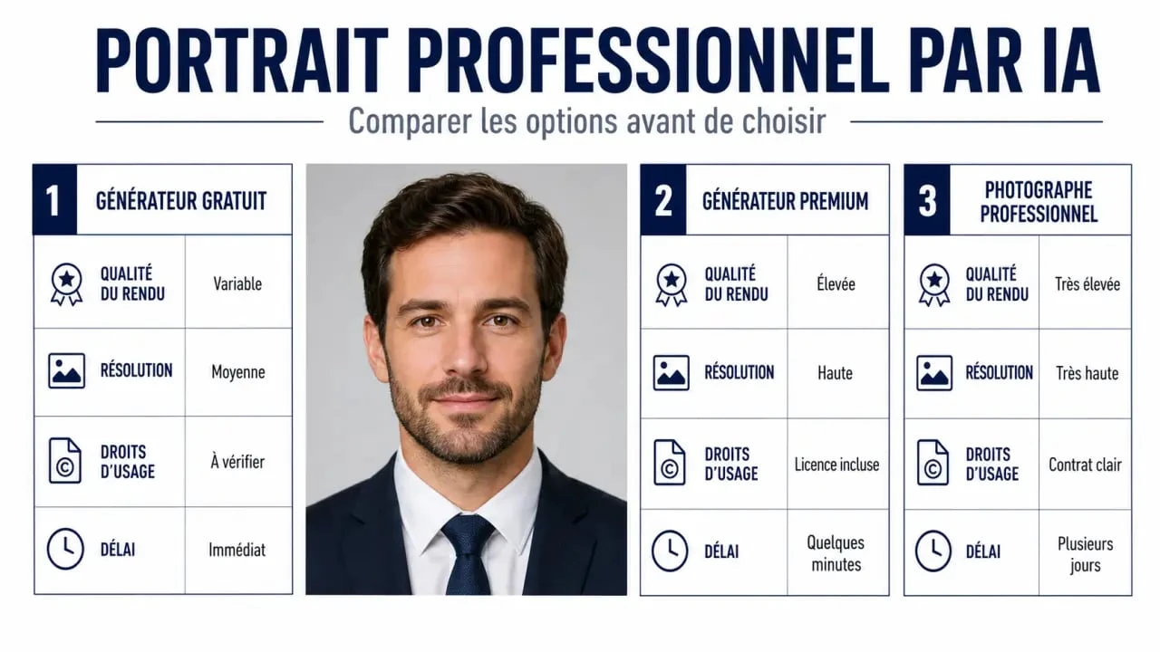 Bewerbungsfoto künstliche intelligenz : comparaison visuelle entre générateur gratuit, premium et photographe professionnel