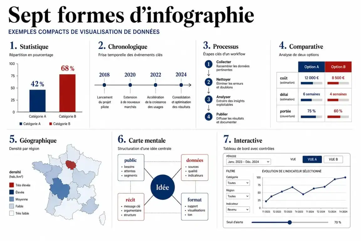Infographie exemple avec sept formats d’infographies présentés sur une planche éditoriale