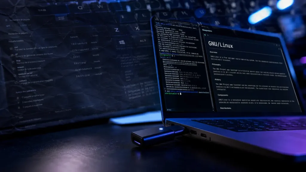 Linux c est quoi : clé USB USB-C, terminal GNU/Linux sur écran