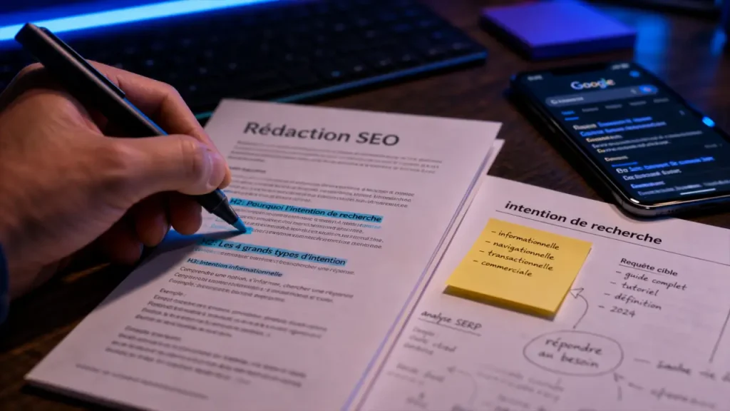 Rédaction SEO : bureau, clavier, stylo et page H2/H3