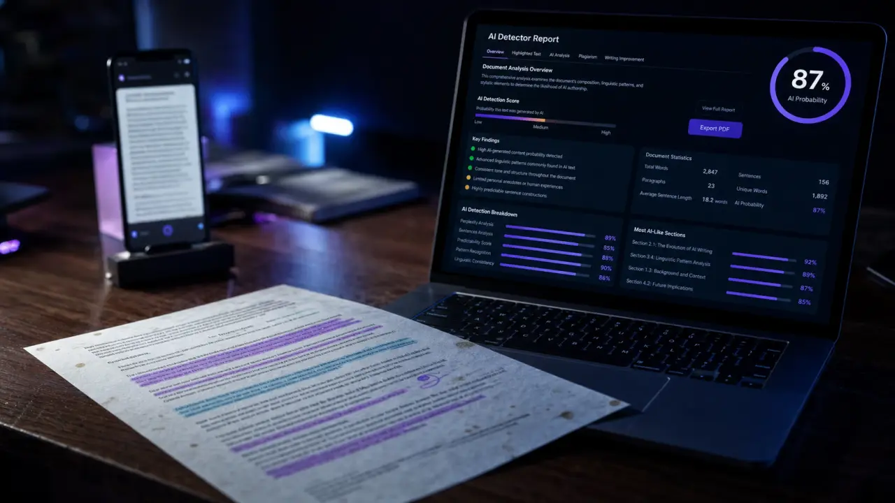 Rilevatore intelligenza artificiale : phrases surlignées et export PDF, faux positifs