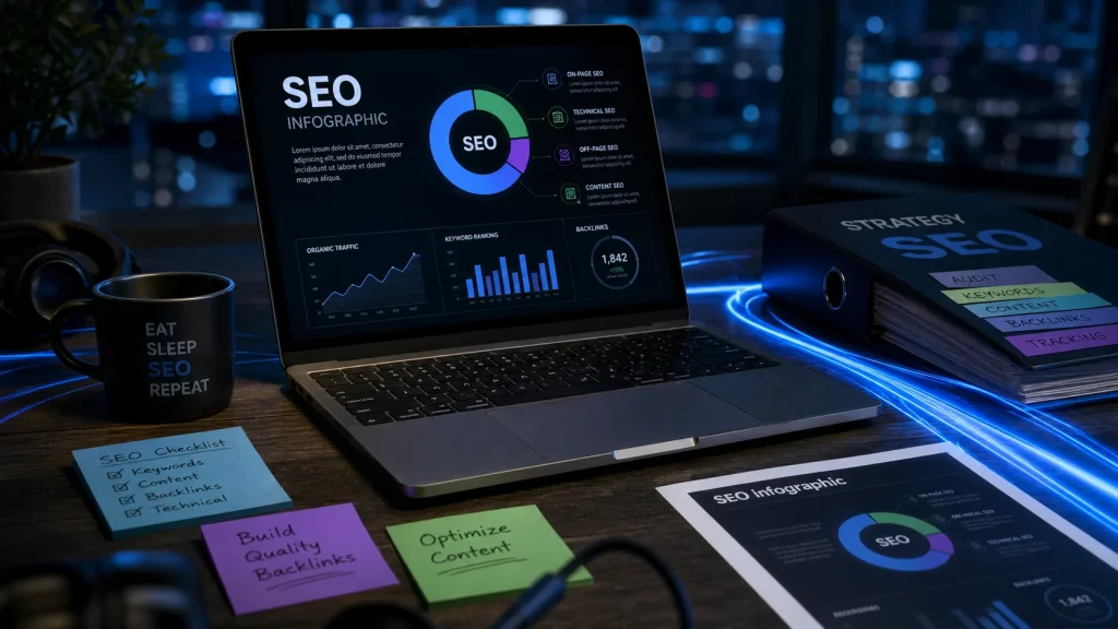 SEO infographic sur ordinateur portable, bureau et écran