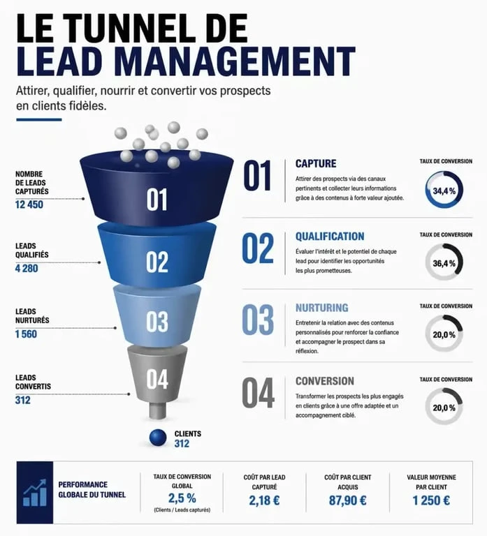 Schéma du processus de lead management : capture, qualification, nurturing et conversion des prospects