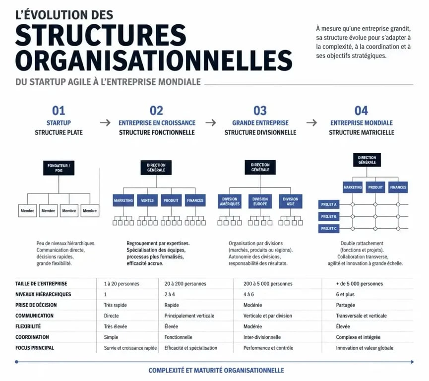 Schéma illustrant l'évolution des différents services d'une entreprise selon sa taille