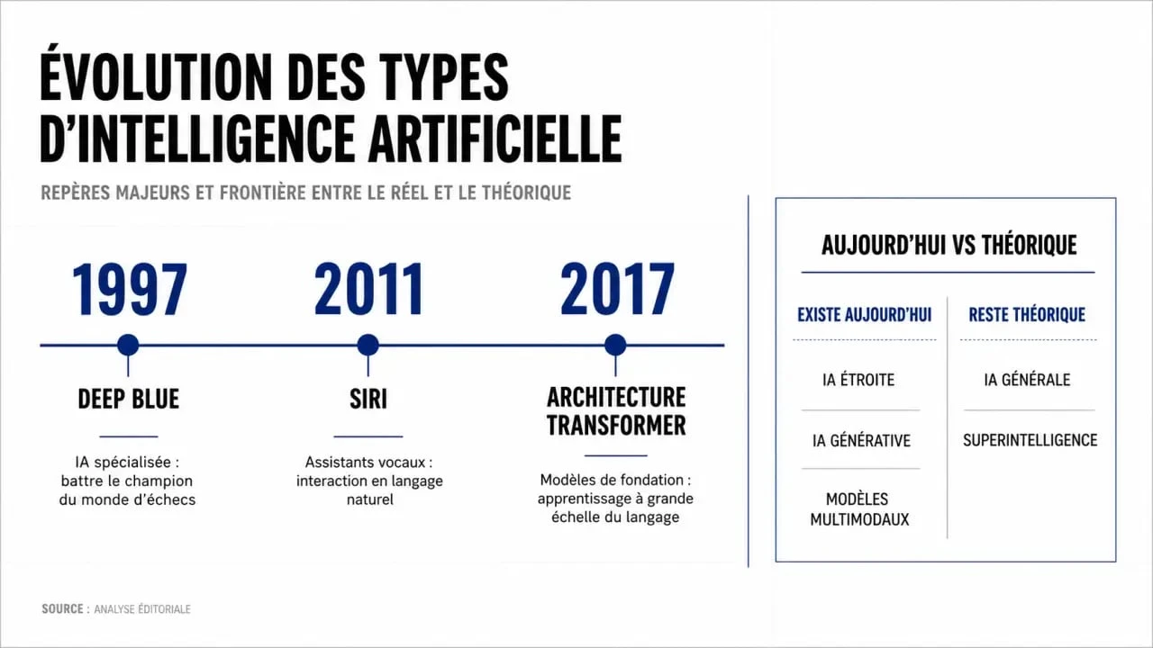 Tipi di intelligenza artificiale mostrati in una timeline evolutiva con le tappe 1997, 2011 e 2017