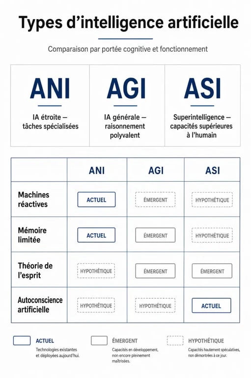 Tipi di intelligenza artificiale confrontati in una matrice chiara tra ANI, AGI, ASI e categorie funzionali