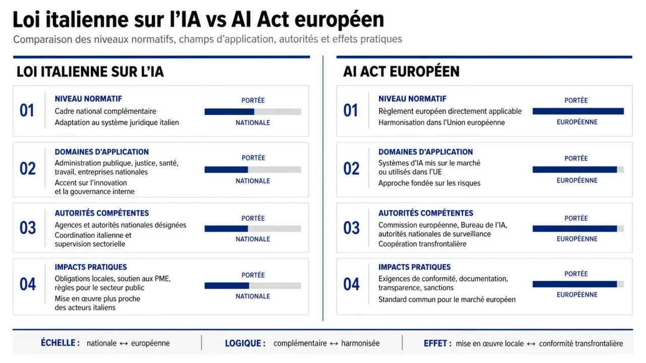 Legge intelligenza artificiale: confrontation visuelle entre la norme italienne et l’AI Act européen