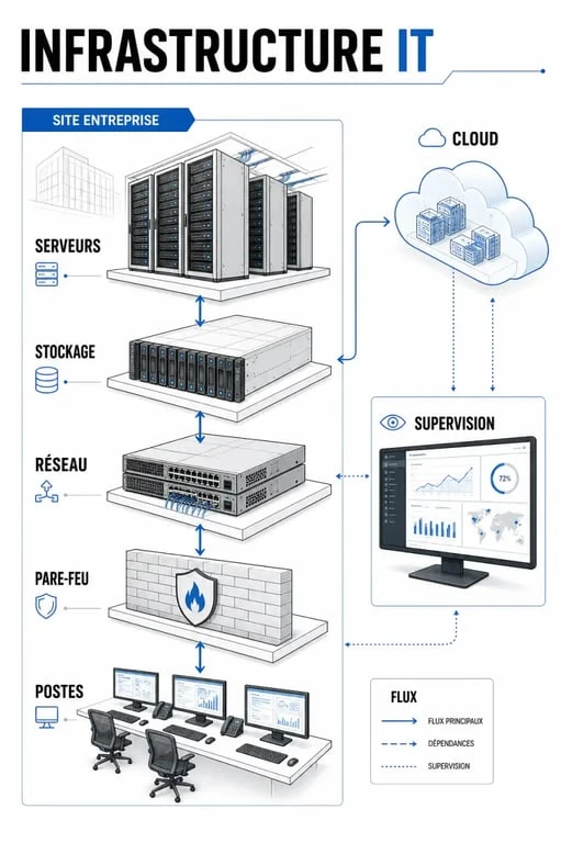 Schéma d’une infrastructure IT avec serveurs, réseau, cloud et sécurité pour comprendre les composants essentiels