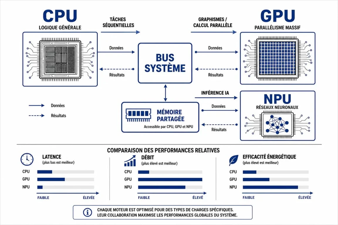 Schéma de fonctionnement d'un PC avec intelligence artificielle montrant le rôle de la NPU, GPU et CPU