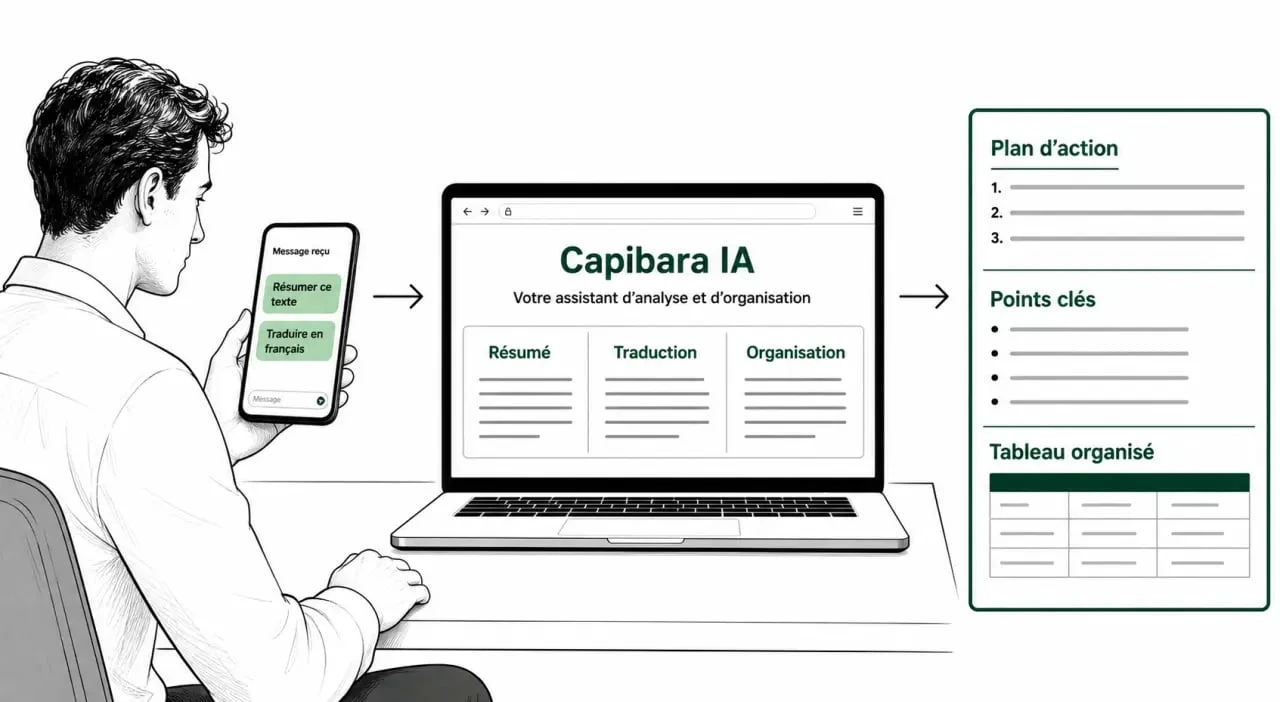 Capibara IA herramientas online en un flujo de uso desde WhatsApp y web para resumir, traducir y organizar información