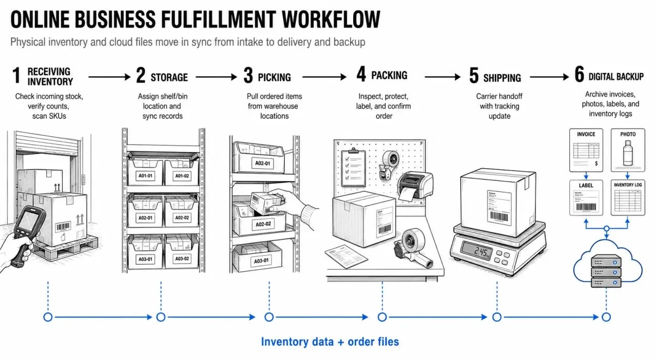 Storage for online business workflow from receiving inventory to packing, shipping, and cloud backup