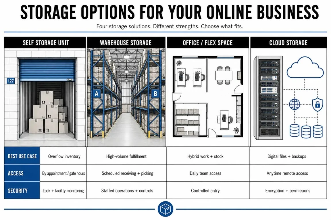 Storage for online business comparison of self storage, warehouse storage, office space, and cloud storage