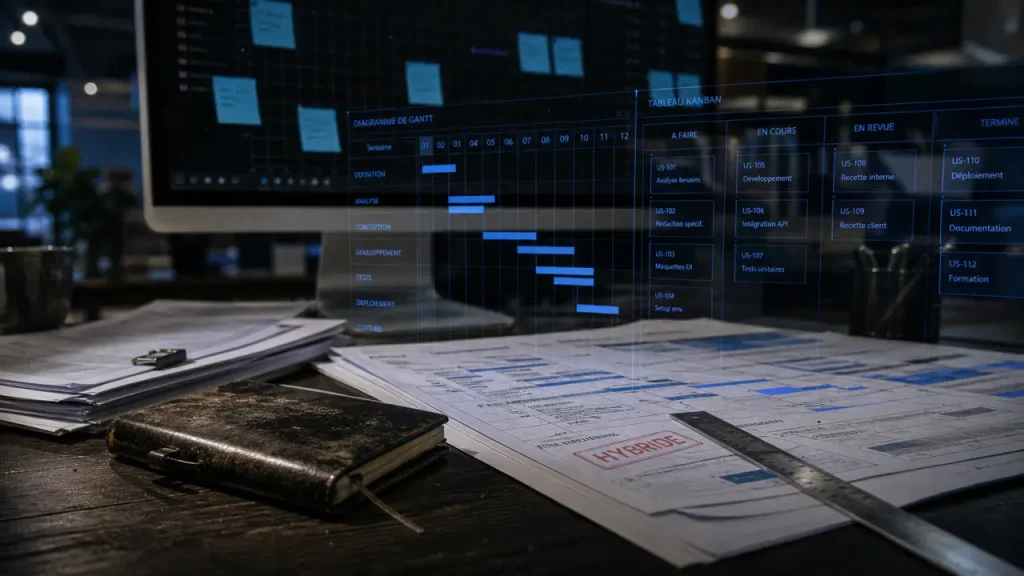 Méthodes de gestion de projet : Agile, gouvernance, hybride (Agile + Kanban/Gantt)