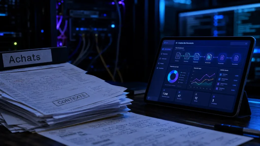 SAP künstliche intelligenz : dashboard IA et achats sur tablette, serveurs en arrière-plan