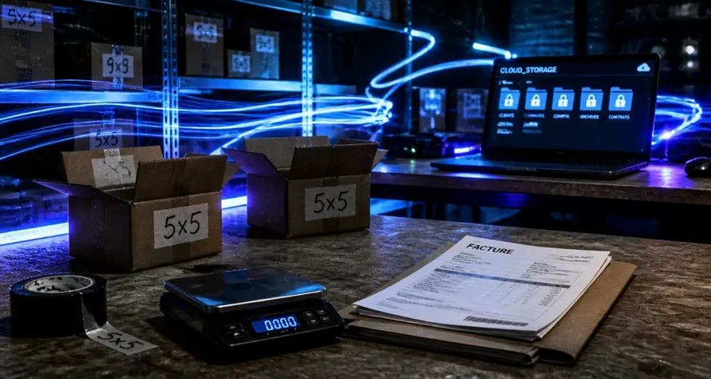Storage for online business : cartons d’inventaire, fichiers cloud chiffrés et accès contrôlé