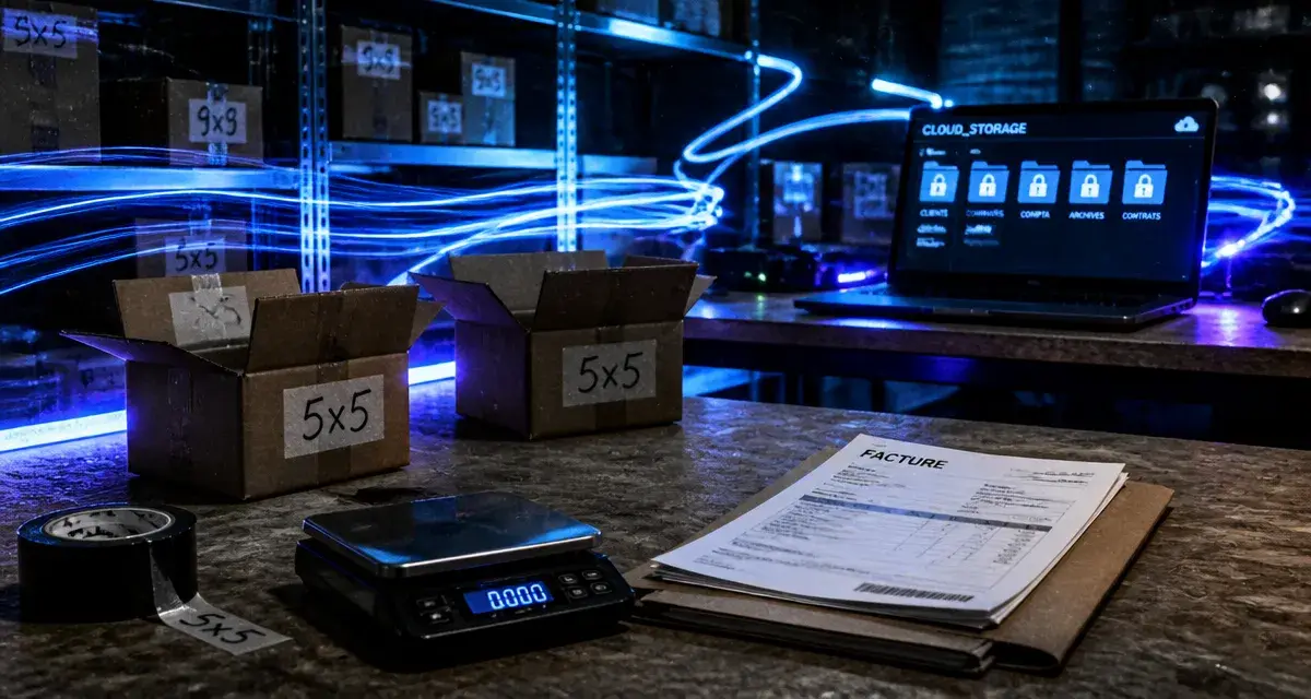 Storage for online business : cartons d’inventaire, fichiers cloud chiffrés et accès contrôlé