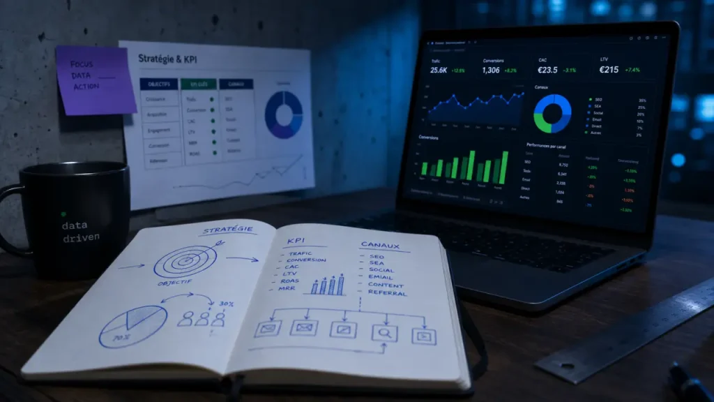 Strategie di marketing con obiettivi SMART, target e canali per KPI e budget