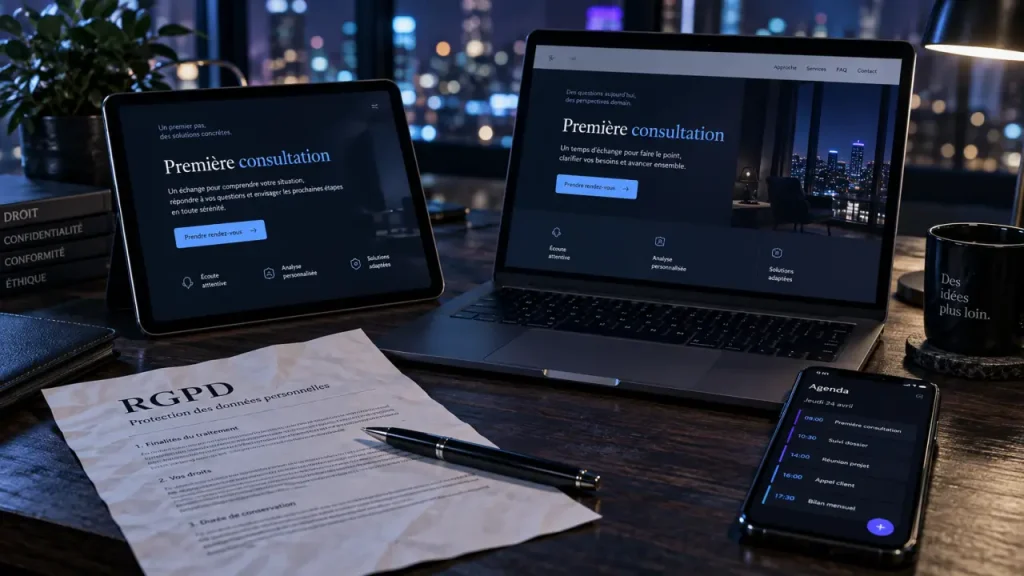 Agencia de marketing digital para terapeutas : primera consulta sin anuncio (foto oficina con pantalla y formulario)