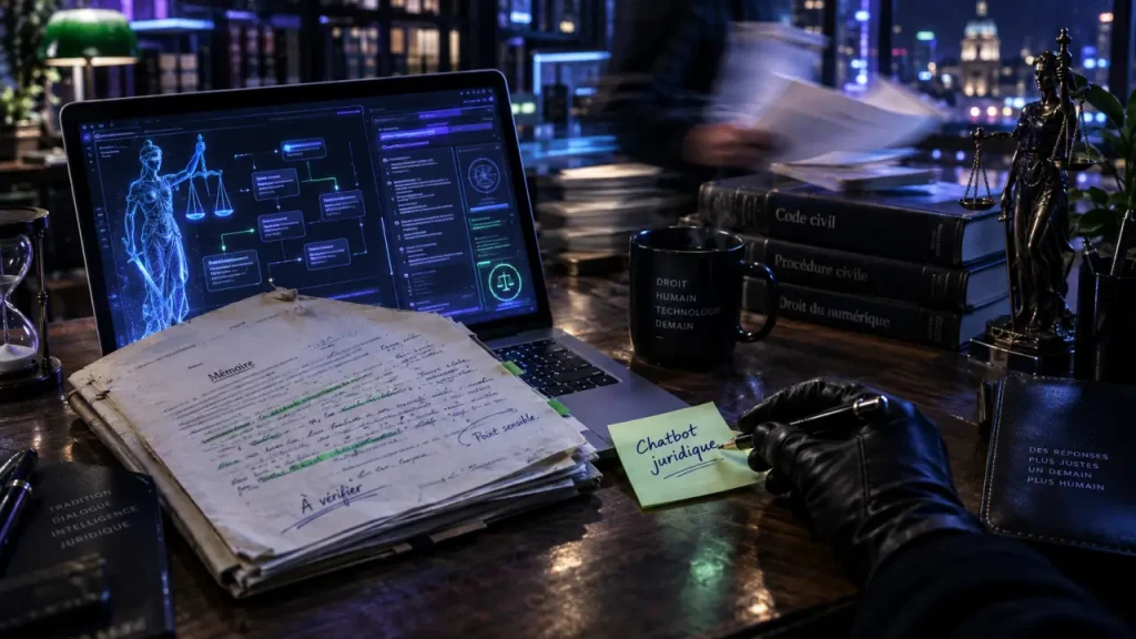 Chatbot juridique : ordinateur et documents sur bureau