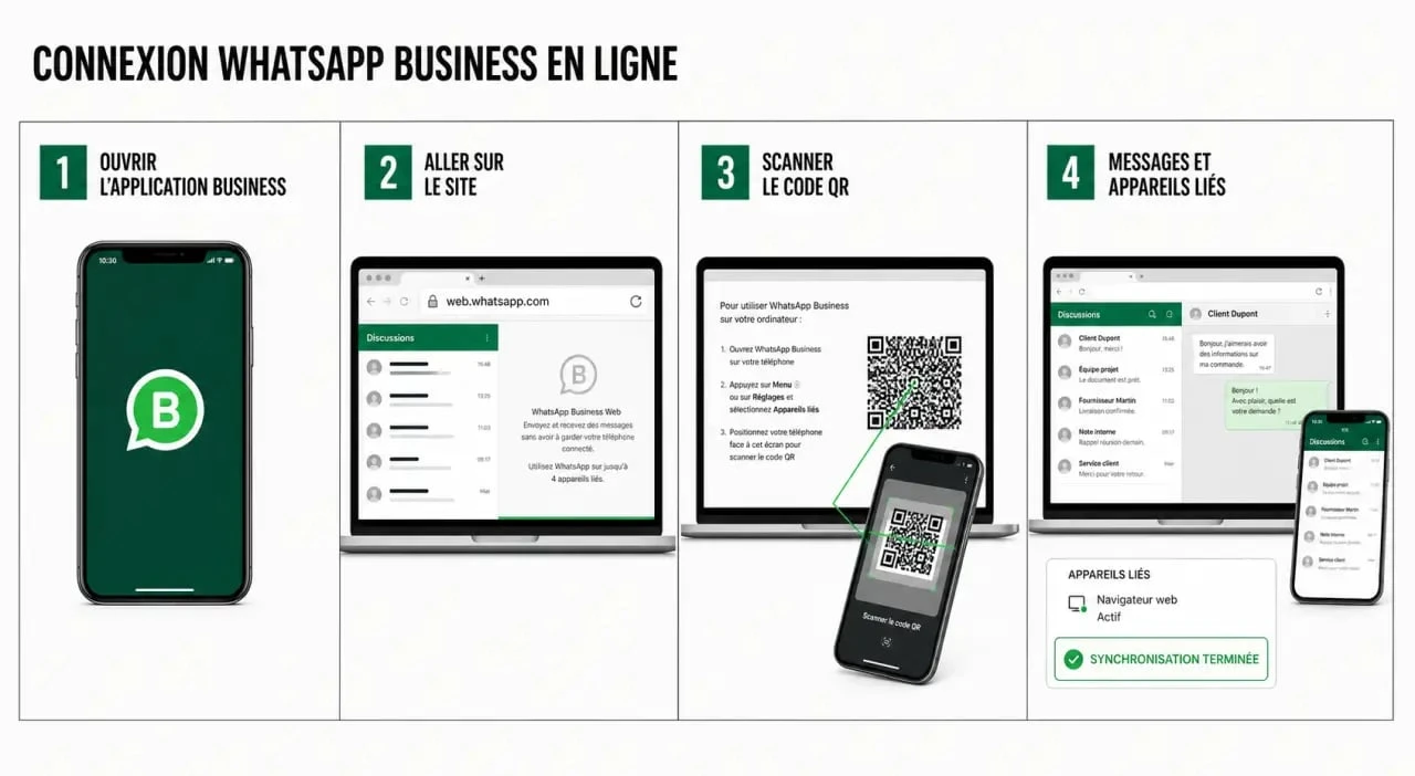 WhatsApp Business online : connexion par QR code sur ordinateur et smartphone