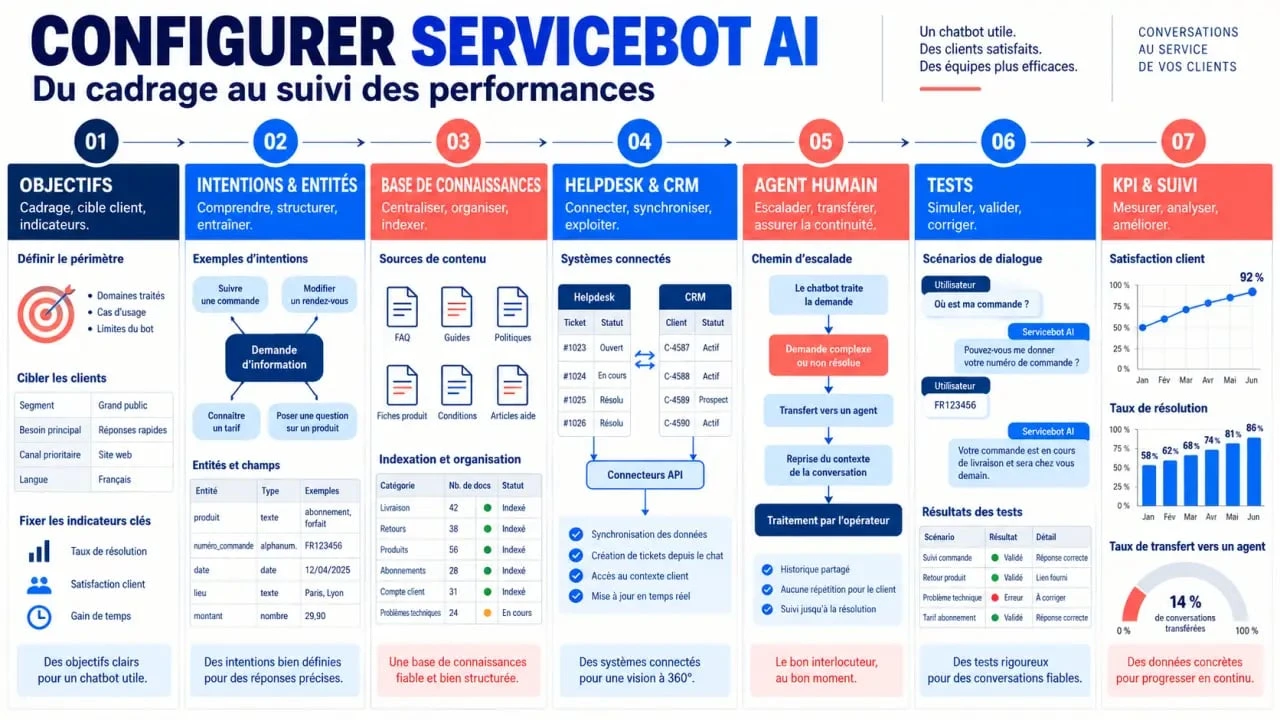 Comment configurer chatbot client Servicebot AI : étapes de configuration, intégrations et transfert humain