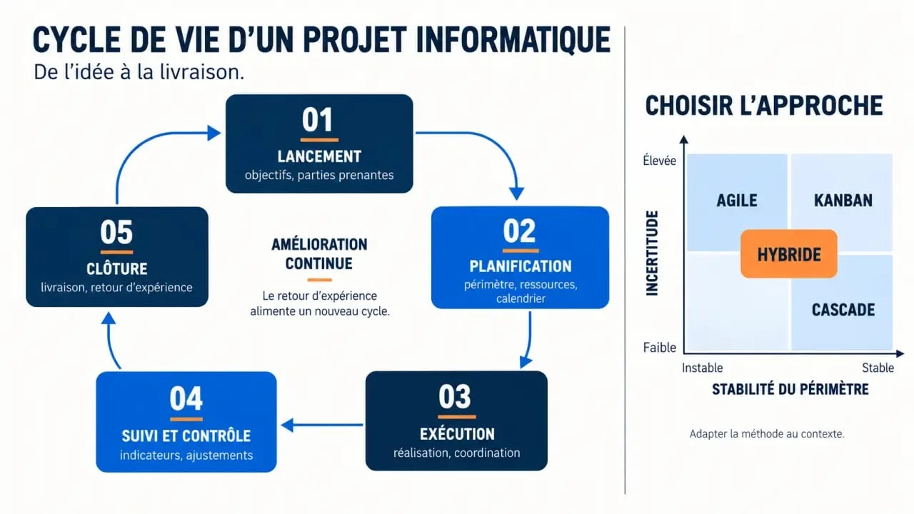 Infographie du cycle de vie et des méthodes de gestion de projet informatique