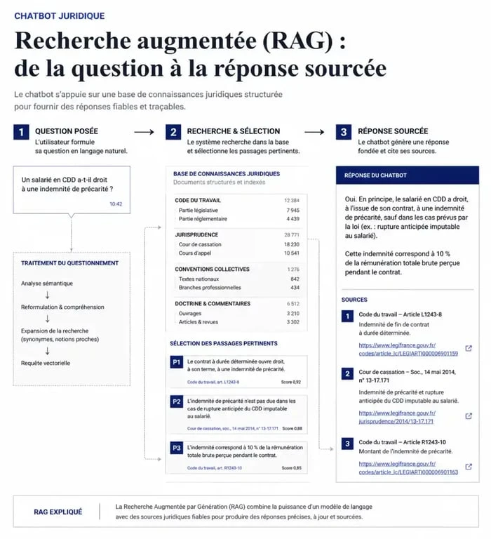 Schéma explicatif du fonctionnement d'un chatbot juridique avec recherche augmentée