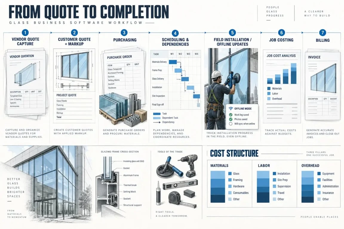 Glass business software workflow from quoting and purchasing to scheduling, installation, job costing, and billing