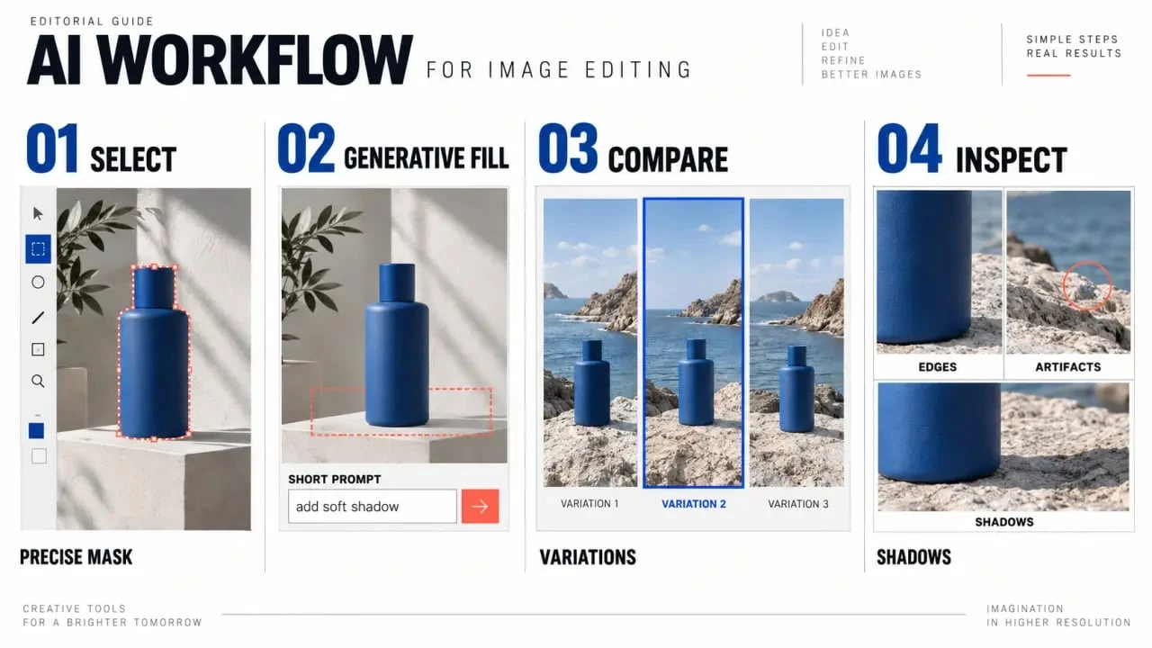 Workflow Photoshop AI montrant la sélection, Generative Fill, les variations et la vérification des résultats