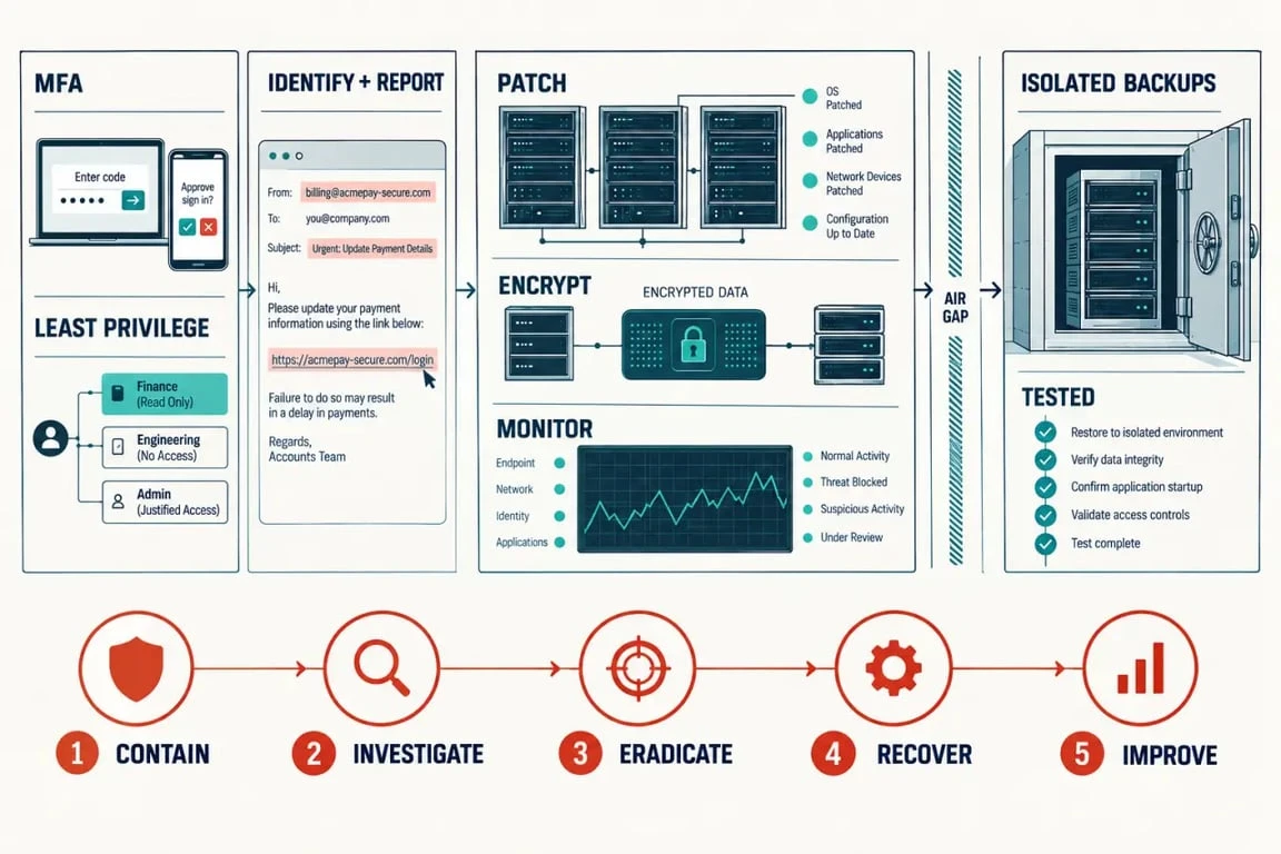Business safe online process showing MFA, phishing reporting, backups and incident response
