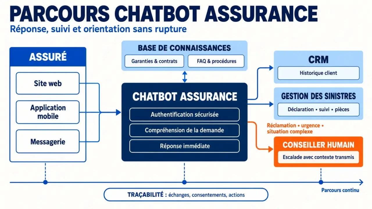 Schéma du fonctionnement d’un chatbot assurance connecté aux outils métiers et au conseiller