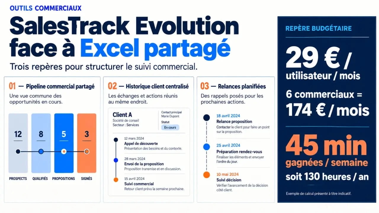 Avis SalesTrack Evolution : infographie sur le pipeline CRM, les relances et le coût par utilisateur