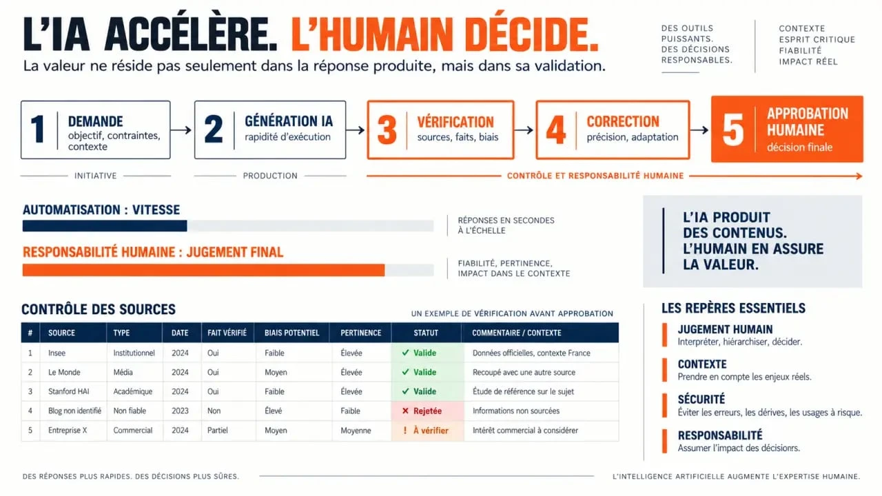Infografica su cosa resta decisivo nell'uso degli strumenti di AI: supervisione, verifica e giudizio umano