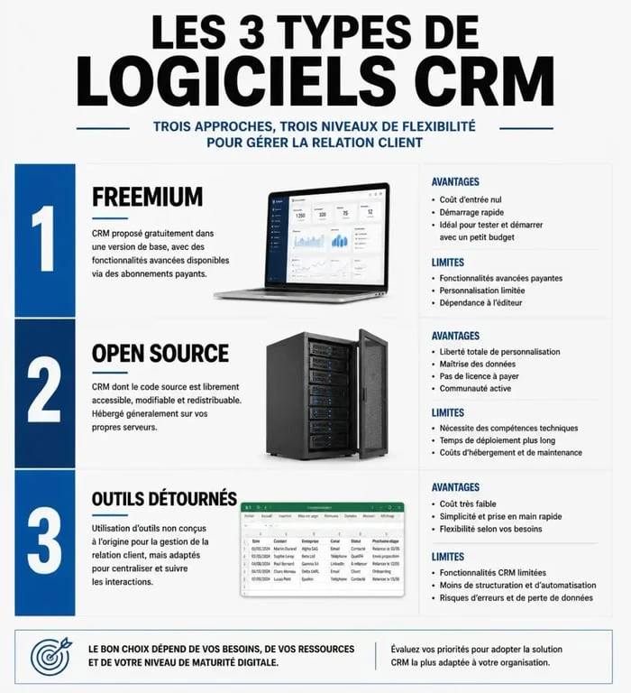 Comparatif des types de logiciel crm gratuit : freemium, open source et outils détournés