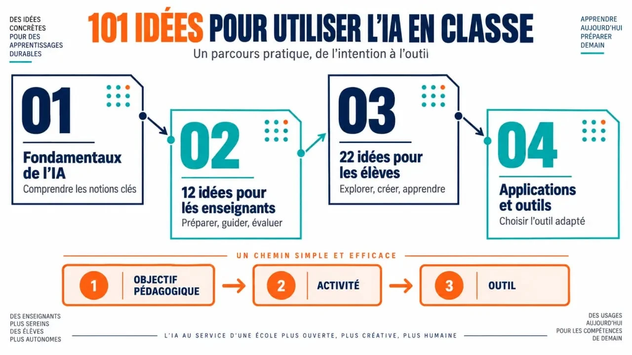Schema 101 idee intelligenza artificiale in classe organizzato in quattro parti