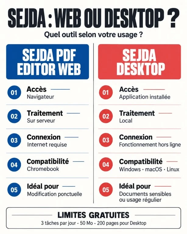 Infographie Sejda PDF Editor Web ou Desktop selon la confidentialité et le travail hors ligne