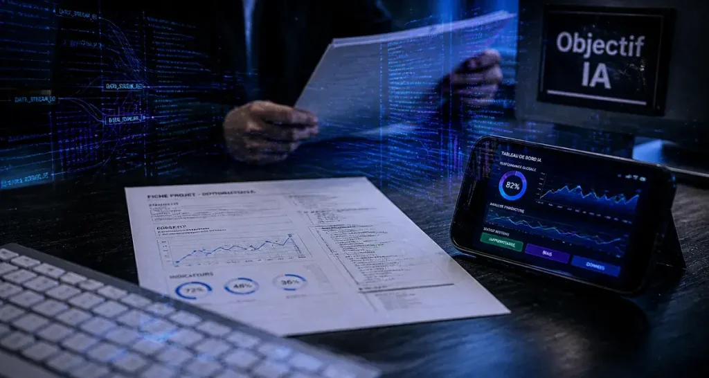 Un software basato su intelligenza artificiale : tableau de bord IA bleu, documents et données
