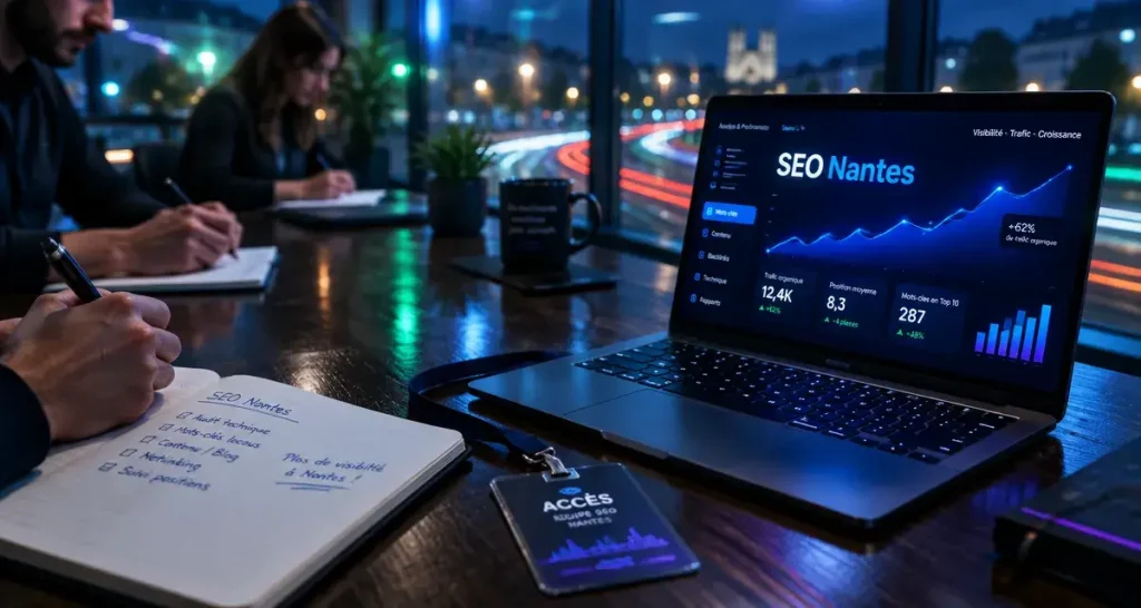 agence référencement naturel nantes : bureau SEO avec écran “SEO Nantes”