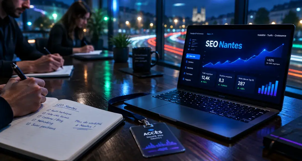 agence référencement naturel nantes : bureau SEO avec écran “SEO Nantes”