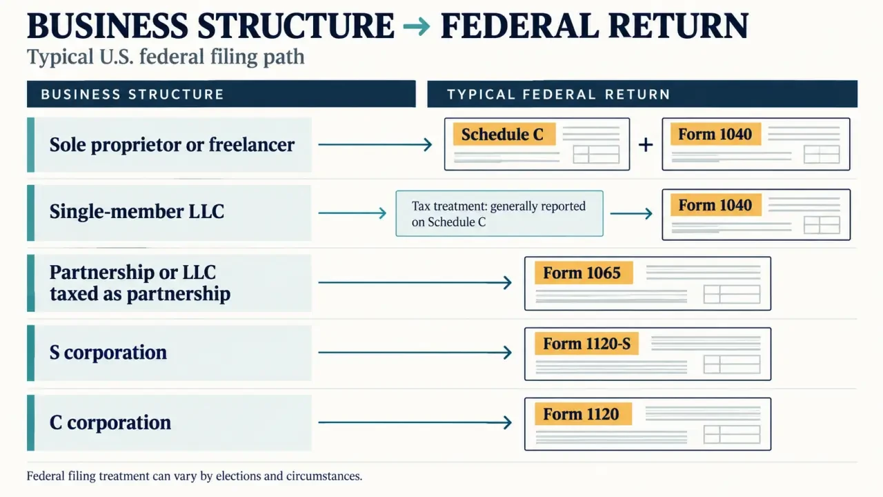 Business tax return software infographic matching business structures with federal tax forms