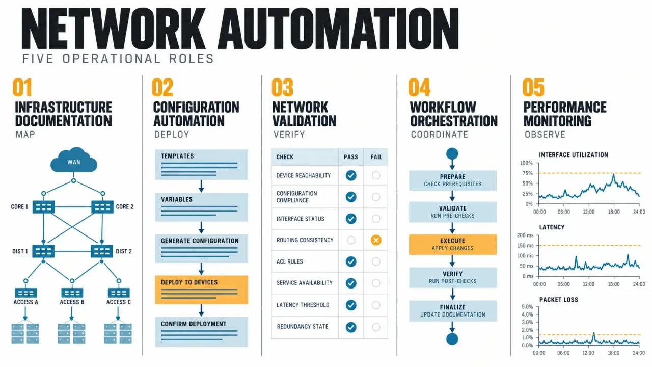 Network automation tools compared by documentation, configuration, validation, orchestration, and monitoring roles