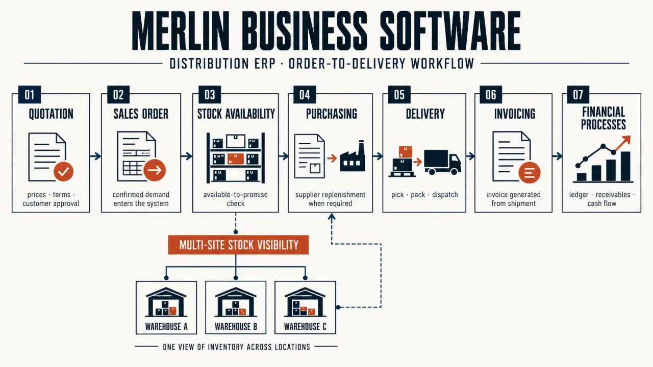 Merlin Business Software order-to-delivery workflow for distribution businesses