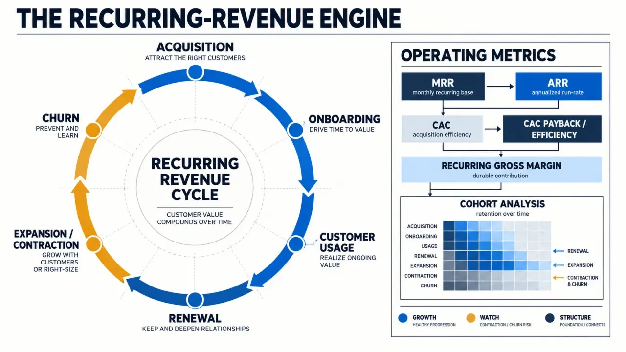 Software as a service business model revenue cycle with SaaS metrics