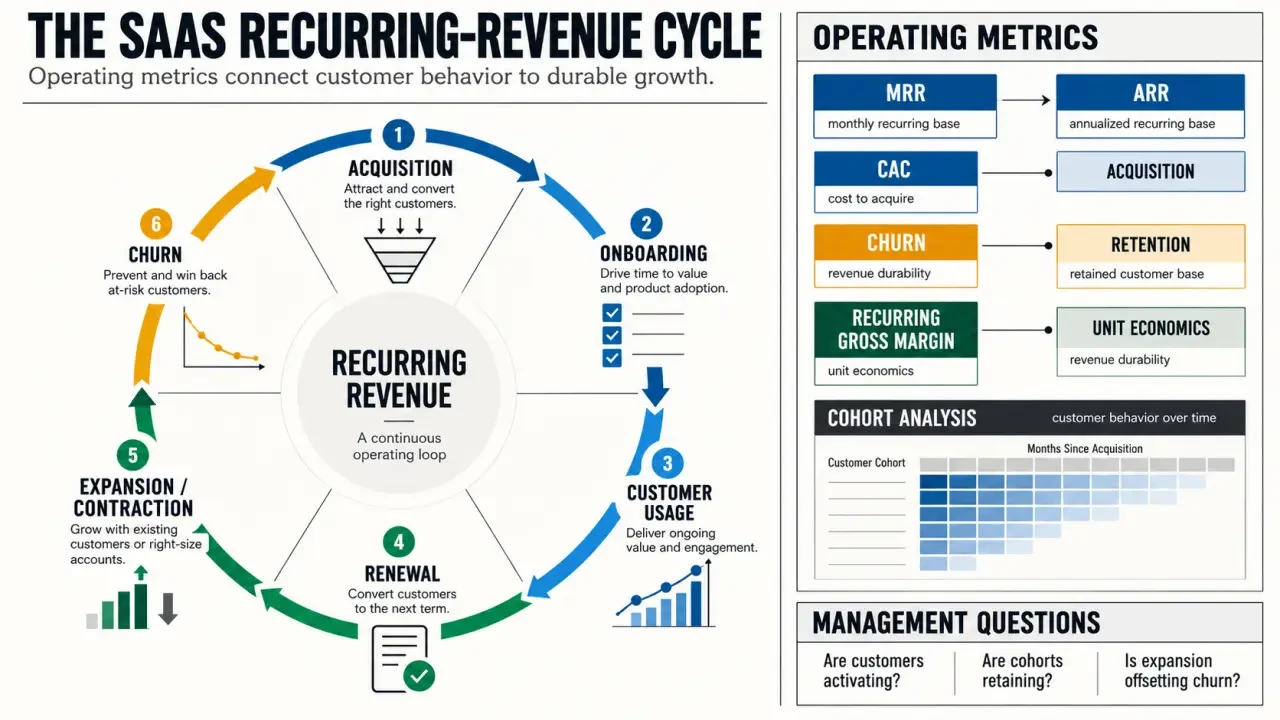 Software as a service business model revenue cycle with SaaS metrics