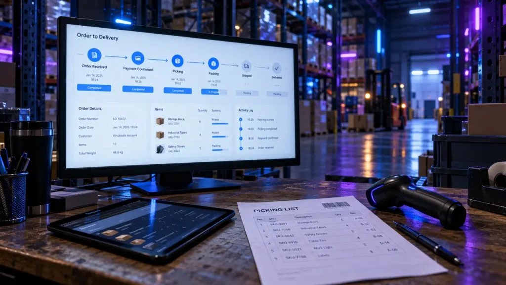 Merlin business software stock control multi-site ERP demo in a warehouse office