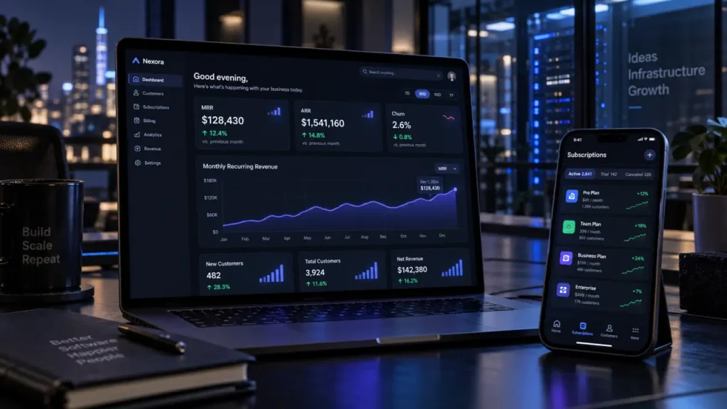 Software as a service business model: SaaS MRR and churn dashboard on laptop at night